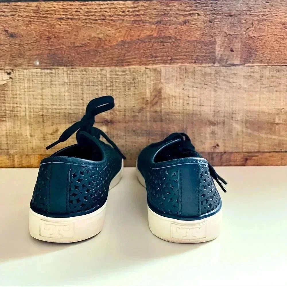 Tory Burch Navy Floral Perforated Leather/Suede Sneakers